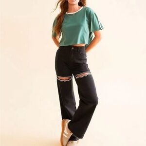 Black Wide-Leg Jeans with Decorative Knee Cutouts - Women